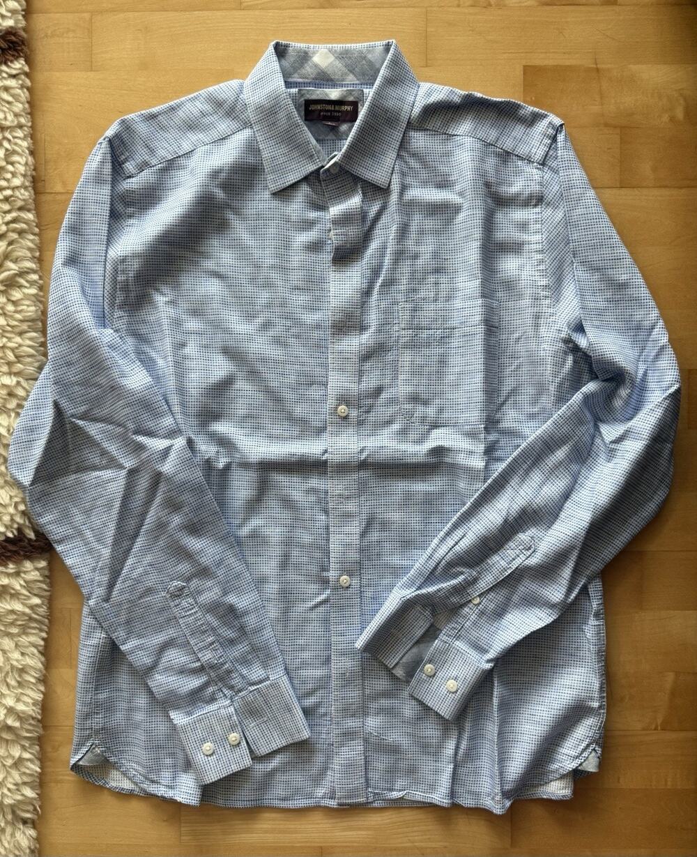 Johnston & Murphy Linen Cotton Long Sleeve Button Up Blue Dot Shirt L